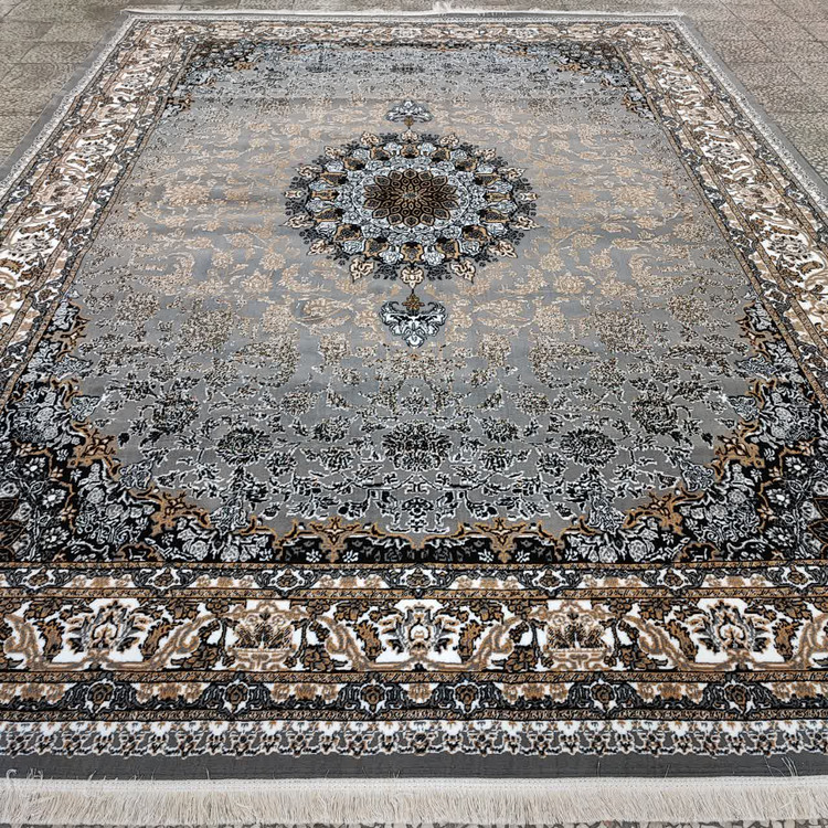 جزئیات نقش و نگار فرش شاهان با رنگ فیلی روشن و تراکم بالا، مناسب اتاق پذیرایی یا نشیمن شیک