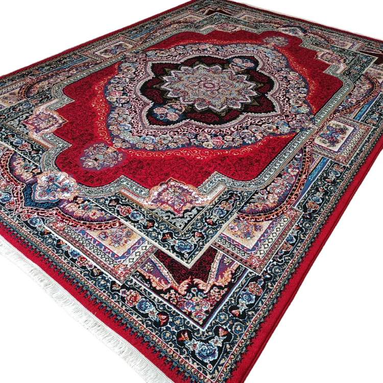 نمای کلی فرش باغ معلق لاکی 500 شانه، رنگ لاکی شیک و طرح گلهای باغ معلق، فرش ماشینی با کیفیت بالا و مناسب برای دکوراسیونهای لوکس